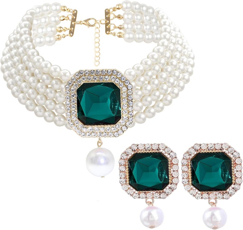 CIOOU Pearl Choker Necklace for Women Gold Crystal Rhinestone Pearl Collar Statement Necklaces Earrings Bridal Pearls Diamond jewelry Set for Wedding - Image 1